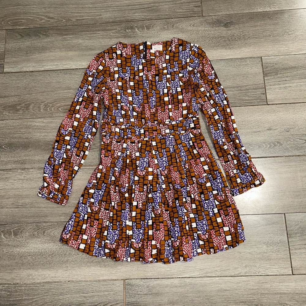 Morley Designer Brown Blue Pink Print Long Sleeve Mini Dress Size 8 Y
